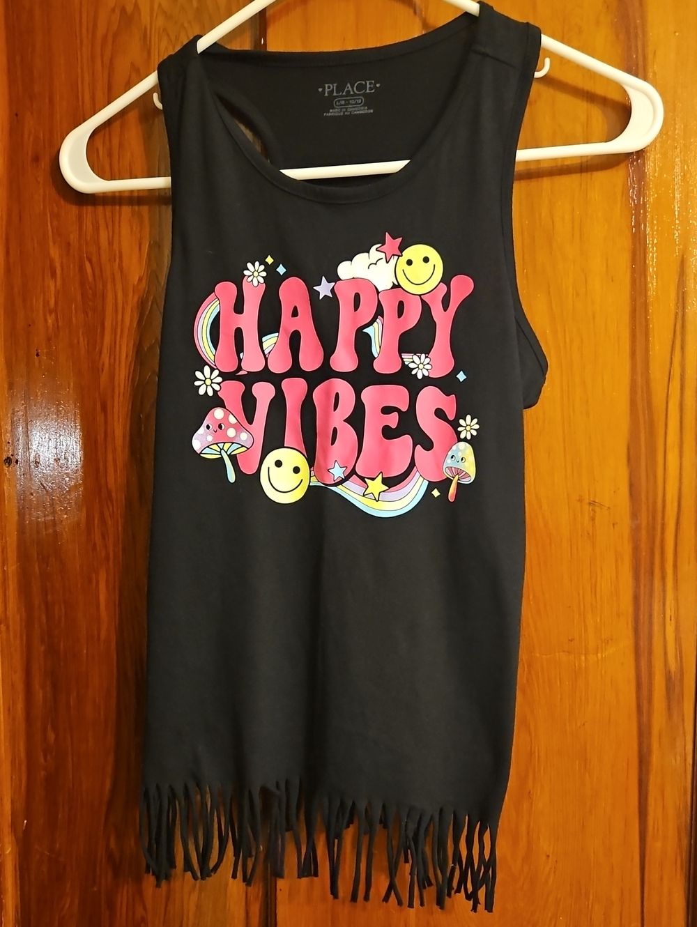Place Black Tank Top with Pink "Happy Vibes" Graphic. #289